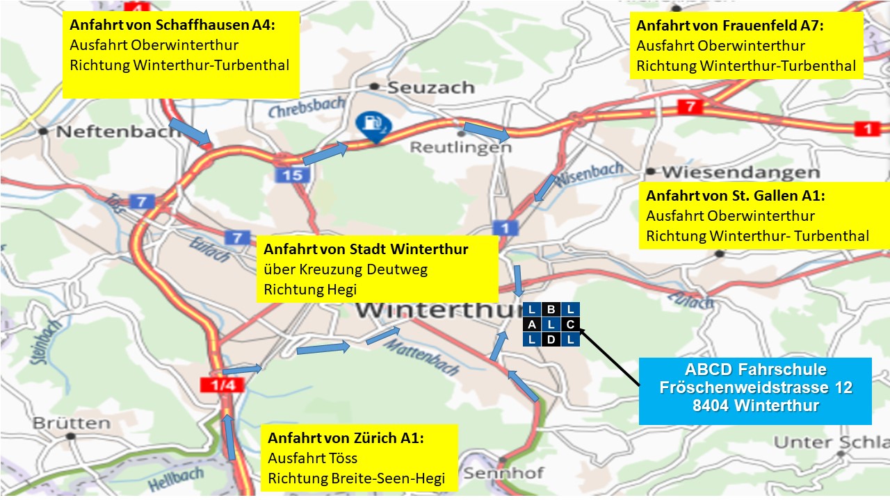 Route / Anfahrt ABCD Fahrschule Fröschenweidsrasse 12 8404 Winterthur Grüze für alle Fahrschule Kategorien in Winterthur